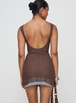 back view of model wearing Princess Polly Ren Mini Dress Brown/ Blue Boat Neck 