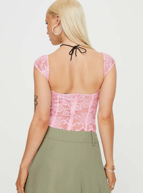Pink bodysuit Bodysuit Slim fitting sheer lace material cap sleeve
