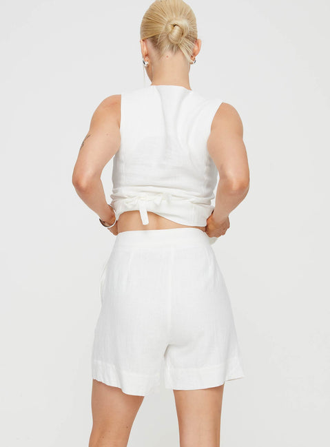 back view of model wearing Princess Polly Bellair Linen Blend Shorts White High Waisted Shorts 