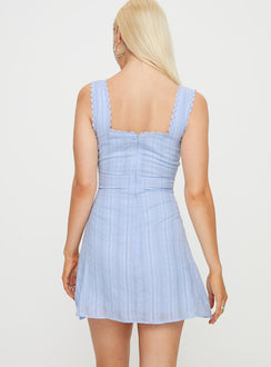 Blue mini dress lace trimmings square neckline