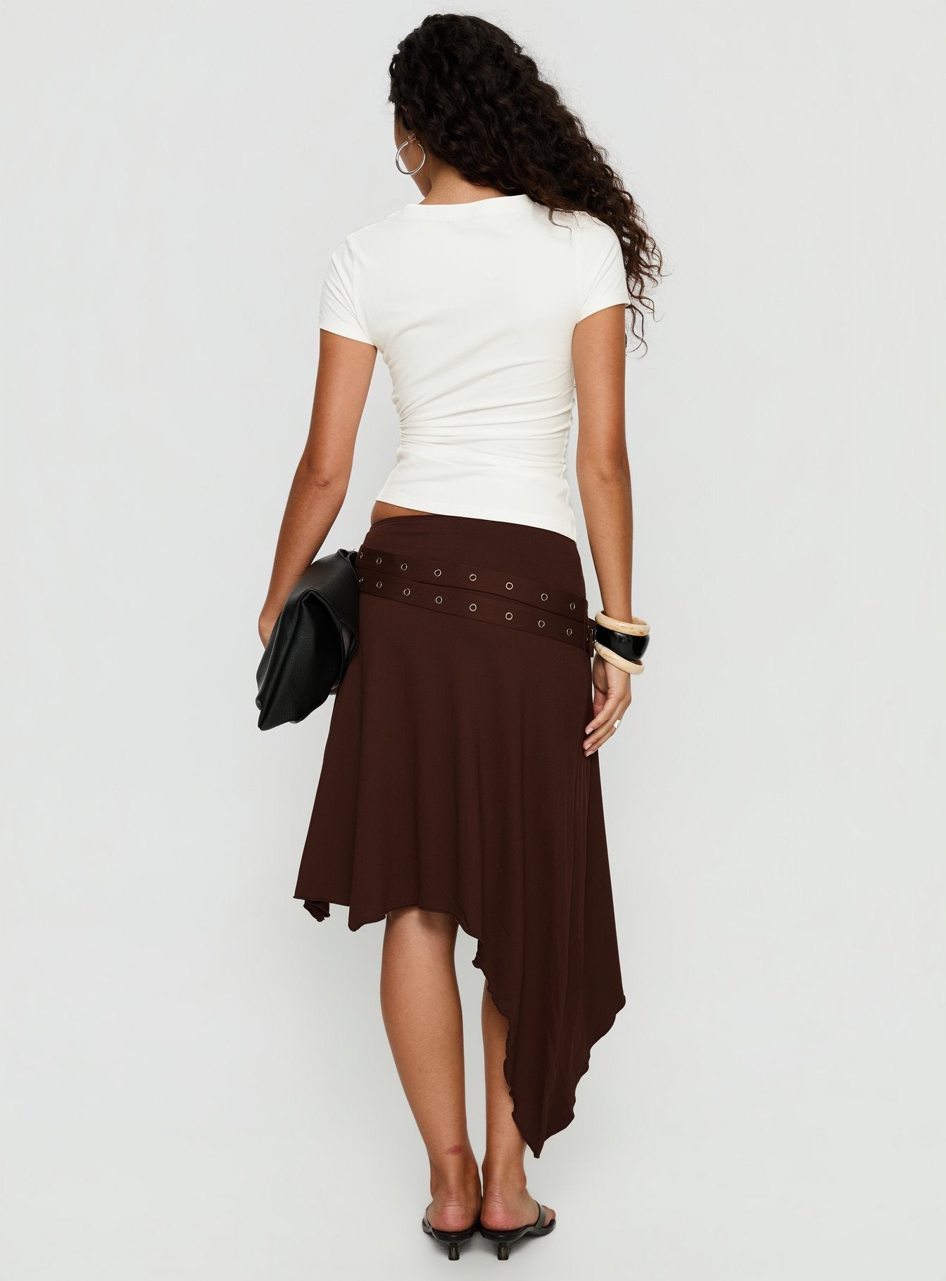 Lorensa Double Buckle Asymmetrical Midi Skirt Brown