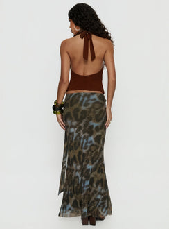 back view of model wearing Princess Polly Caviar Tie Maxi Skirt Leopard 
