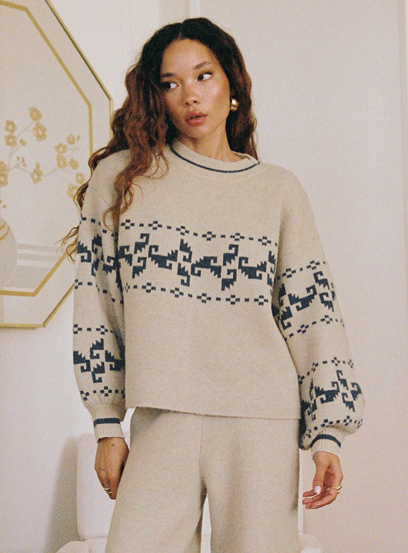 front view of model wearing Princess Polly Alpine Sweater Cream / Blue 