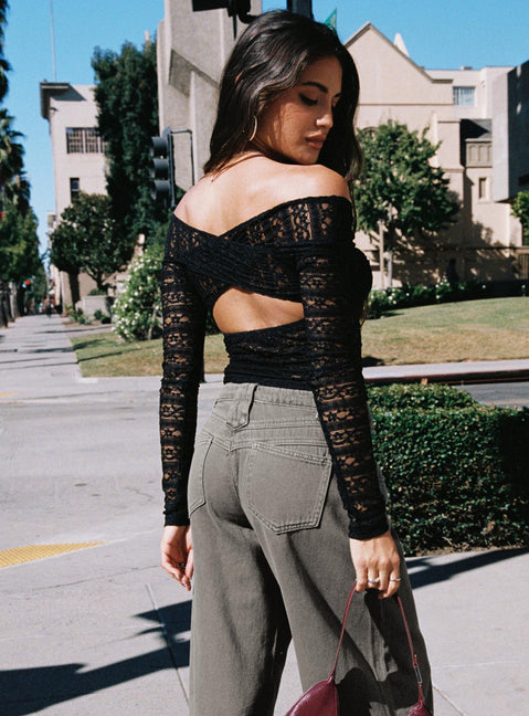 back view of model wearing Princess Polly Petaluma Off Shoulder Long Sleeve Top Black Full Sleeves V-Neck 