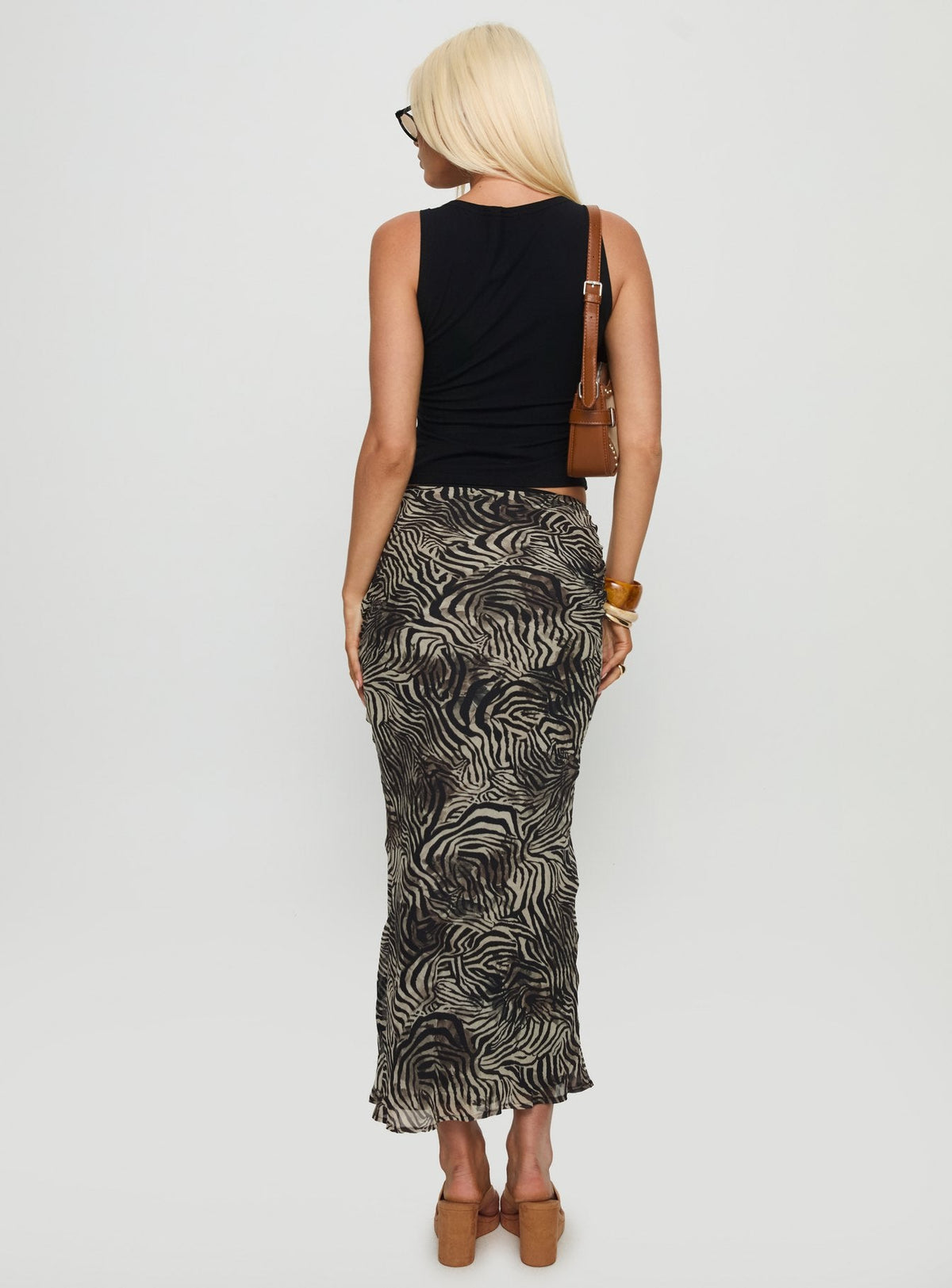 back view of model wearing Princess Polly Kathrynne Maxi Skirt Animal Maxi Skirts Skirts 
