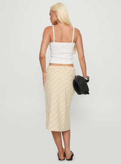 back view of model wearing Princess Polly Asmara Tie Side Midi Skirt Yellow Stripe Midi Skirts 