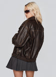 Brown faux leather jacket Classic collar, oversized lapels