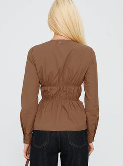 Every Page Long Sleeve Tie Detail Top Brown