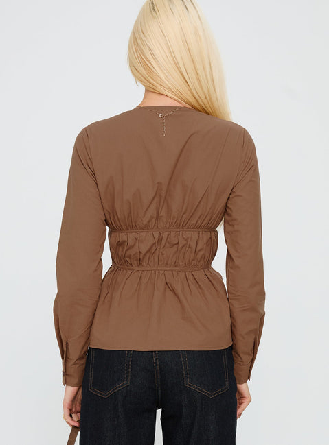 Every Page Long Sleeve Tie Detail Top Brown