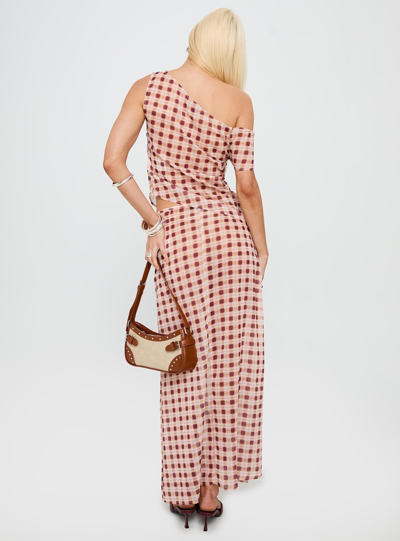 back view of model wearing Princess Polly Surina Skirt Peach Check Maxi 