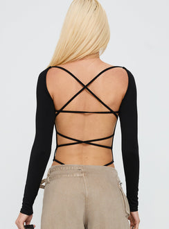back view of model wearing Princess Polly All Tied Up Long Sleeve Bodysuit Black Long Sleeve Tops 