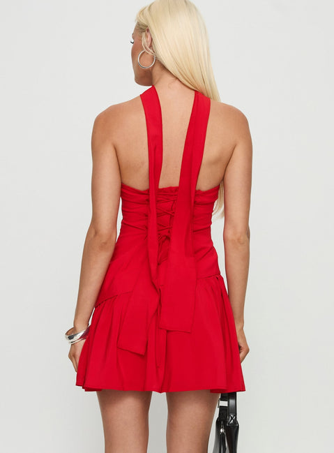 Odela Strapless Drop Waist Mini Dress Red
