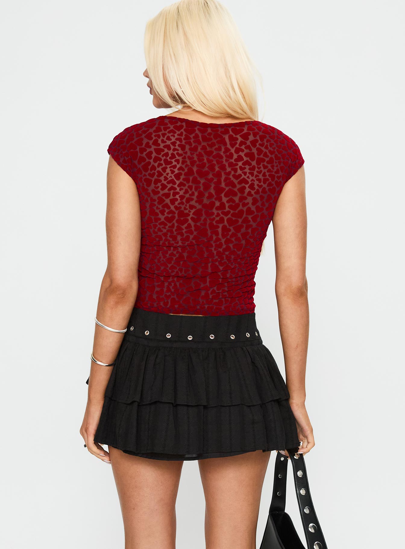 back view of model wearing Princess Polly Nova Top Maroon Short Sleeves Scoop Neck 