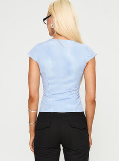 back view of model wearing Princess Polly Indulgence Corset Top Blue Stripe Short Sleeves Plunger 