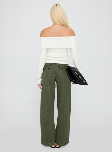 Melikah Mid Rise Baggy Cargo Jeans Green Wash