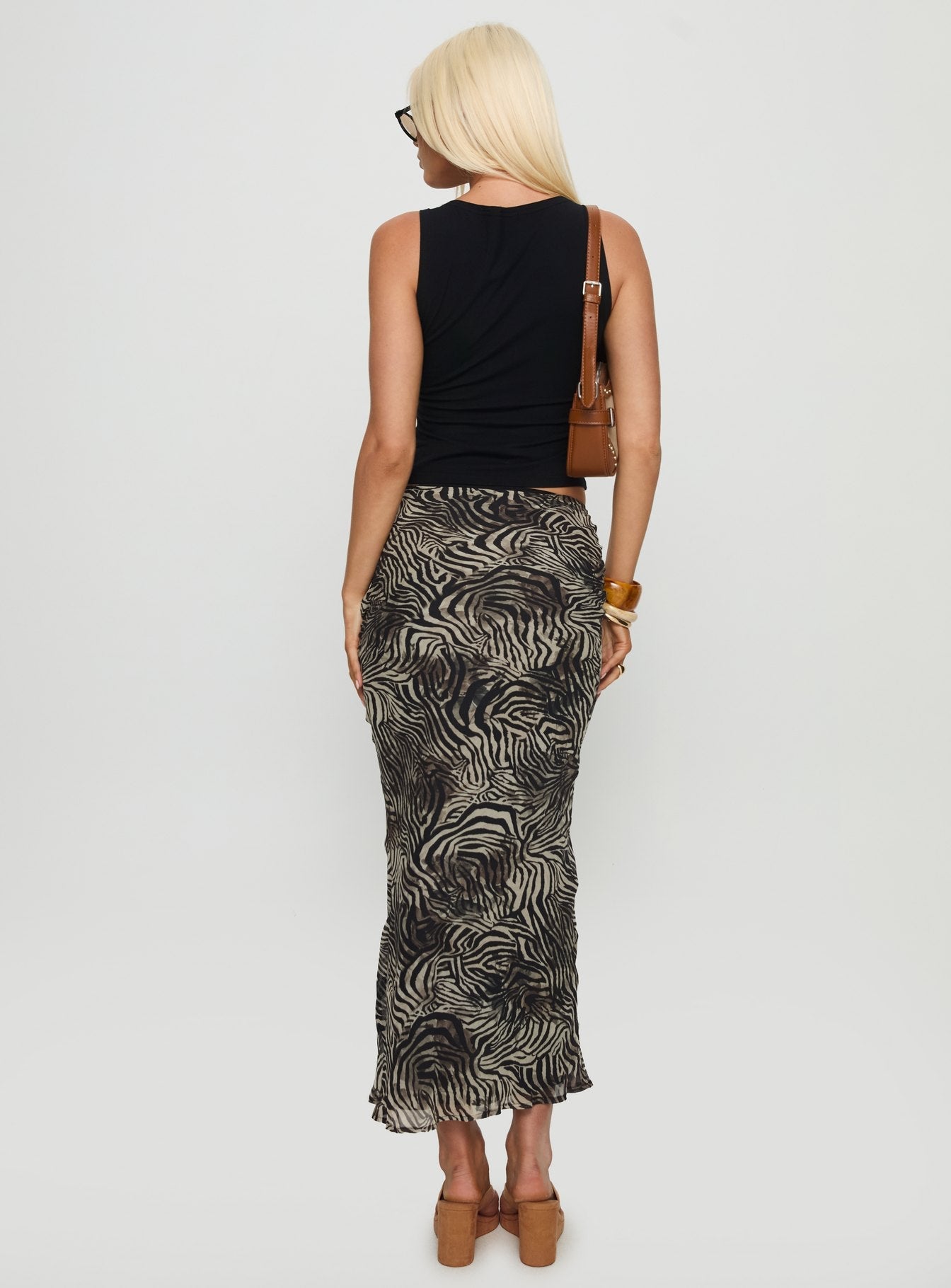 back view of model wearing Princess Polly Kathrynne Maxi Skirt Animal Maxi Skirts 