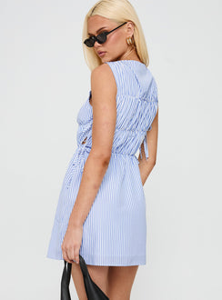 Priscille Shirred Mini Dress Blue Stripe
