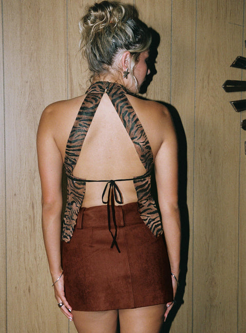 back view of model wearing Princess Polly Movita Belted Mini Skirt Brown 