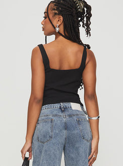 back view of model wearing Princess Polly Lallina Top Black Sleeveless Square Neck 