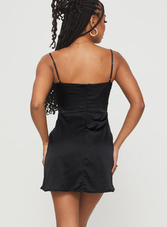 back view of model wearing Princess Polly Glitterberry Mini Dress Black Sweetheart Neckline 
