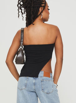 back view of model wearing Princess Polly Chardonay Strapless Top Black Sleeveless straight 