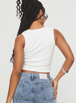 back view of model wearing Princess Polly Somer Top White Sleeveless Scoop Neck 