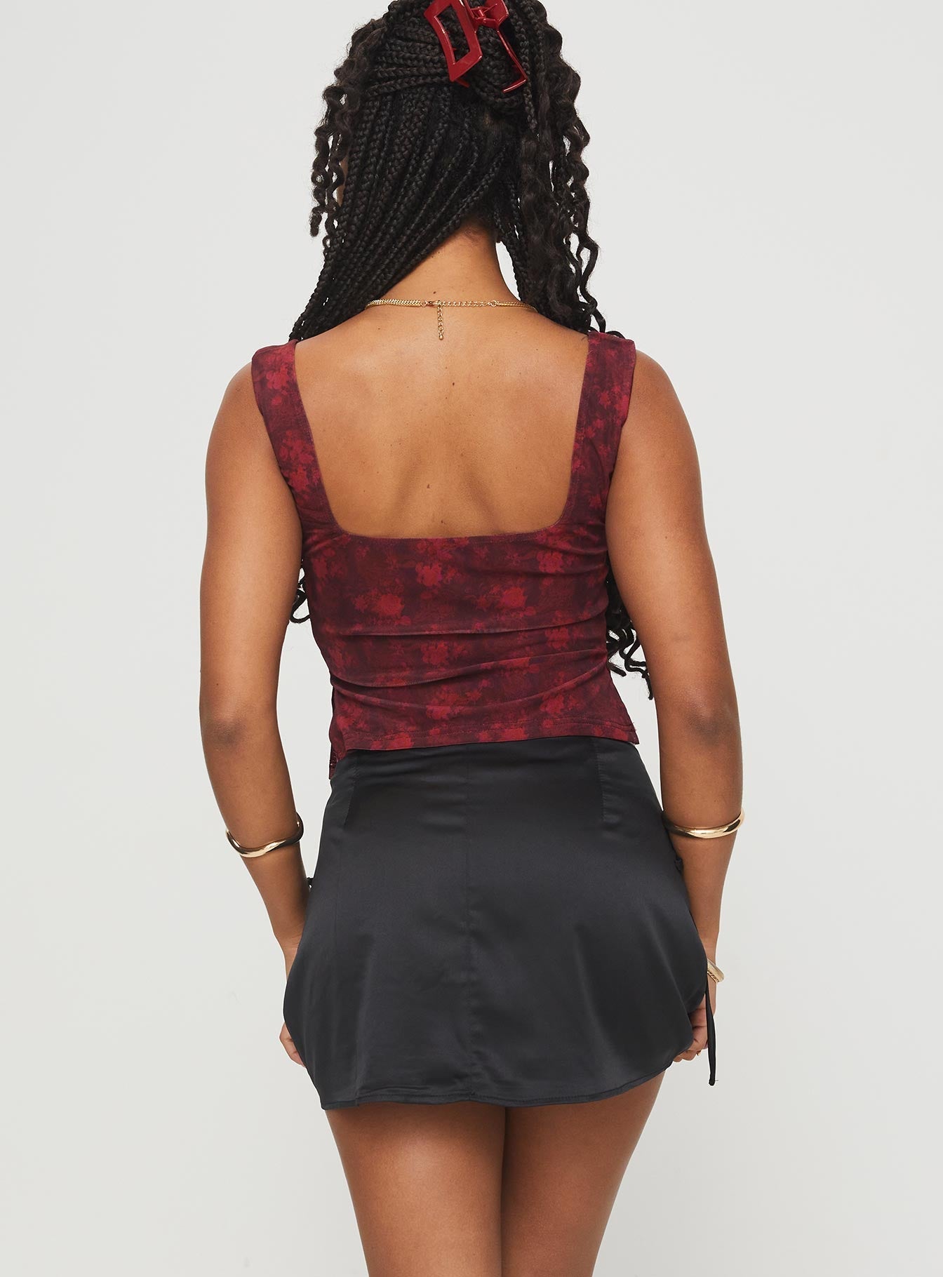 back view of model wearing Princess Polly Ambrosia Mini Skirt Black Mini Skirts 