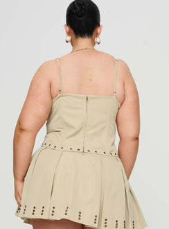 back view of model wearing Princess Polly Alinzia Eyelet Corset Top Beige Curve Sleeveless Square Neck 