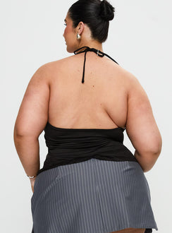 back view of model wearing Princess Polly Averee Halter Top Black Curve Sleeveless Plunger 
