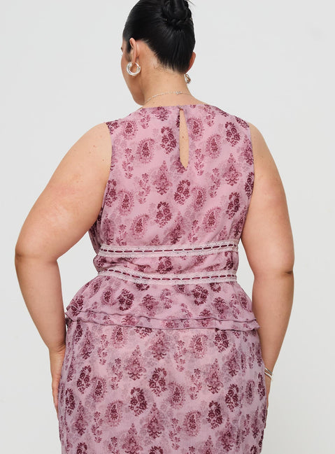 back view of model wearing Princess Polly Nikolise Top Purple Curve Sleeveless Plunger 