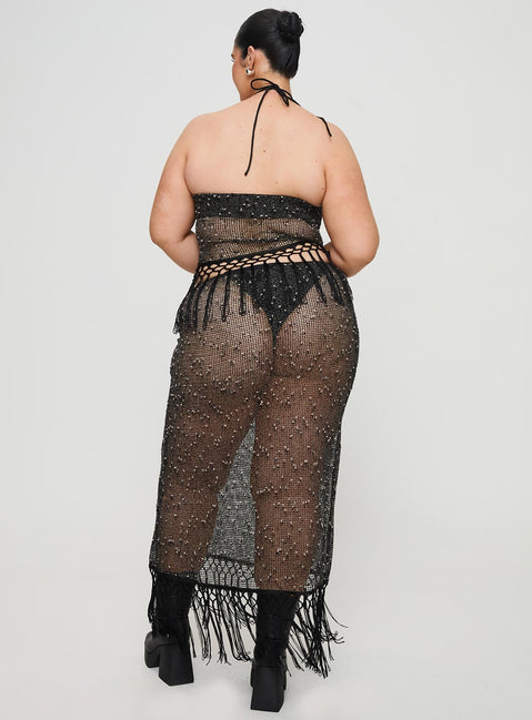 back view of model wearing Princess Polly Alnet Maxi Skirt Black Curve Maxi 