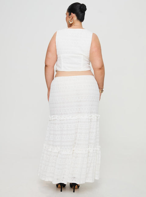 back view of model wearing Princess Polly Buttacupe Lace Maxi Skirt White Curve Maxi 