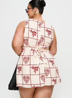 back view of model wearing Princess Polly Alfalfa Shift Mini Dress Red Floral Check Curve Crew Neck 