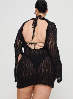 back view of model wearing Princess Polly Cylian Long Sleeve Knit Mini Dress Black Curve Crew Neck 
