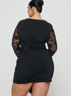 back view of model wearing Princess Polly Covington Long Sleeve Mini Dress Black Curve Crew Neck 