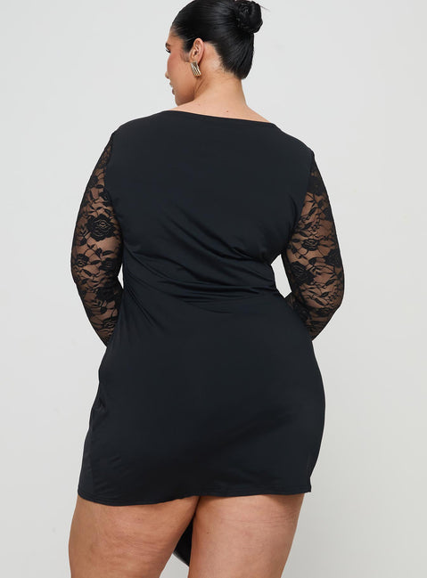 back view of model wearing Princess Polly Covington Long Sleeve Mini Dress Black Curve Crew Neck 