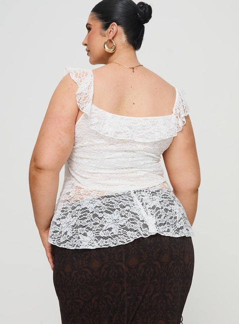 back view of model wearing Princess Polly Francia Frill Top White Curve Sleeveless V-Neck 