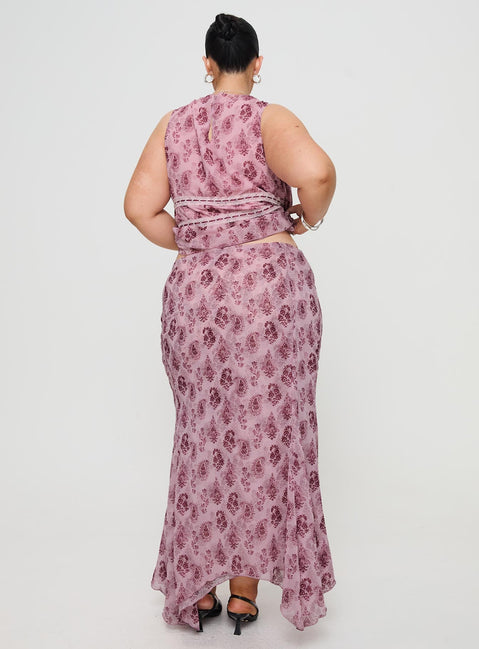 back view of model wearing Princess Polly Nikolise Maxi Skirt Purple Curve Maxi 