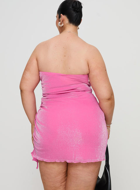 back view of model wearing Princess Polly Donelli Strapless Mini Dress Pink Curve Straight Neck 