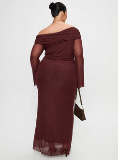back view of model wearing Princess Polly Consideration Maxi Dress Chocolate Curve Straight Neck 