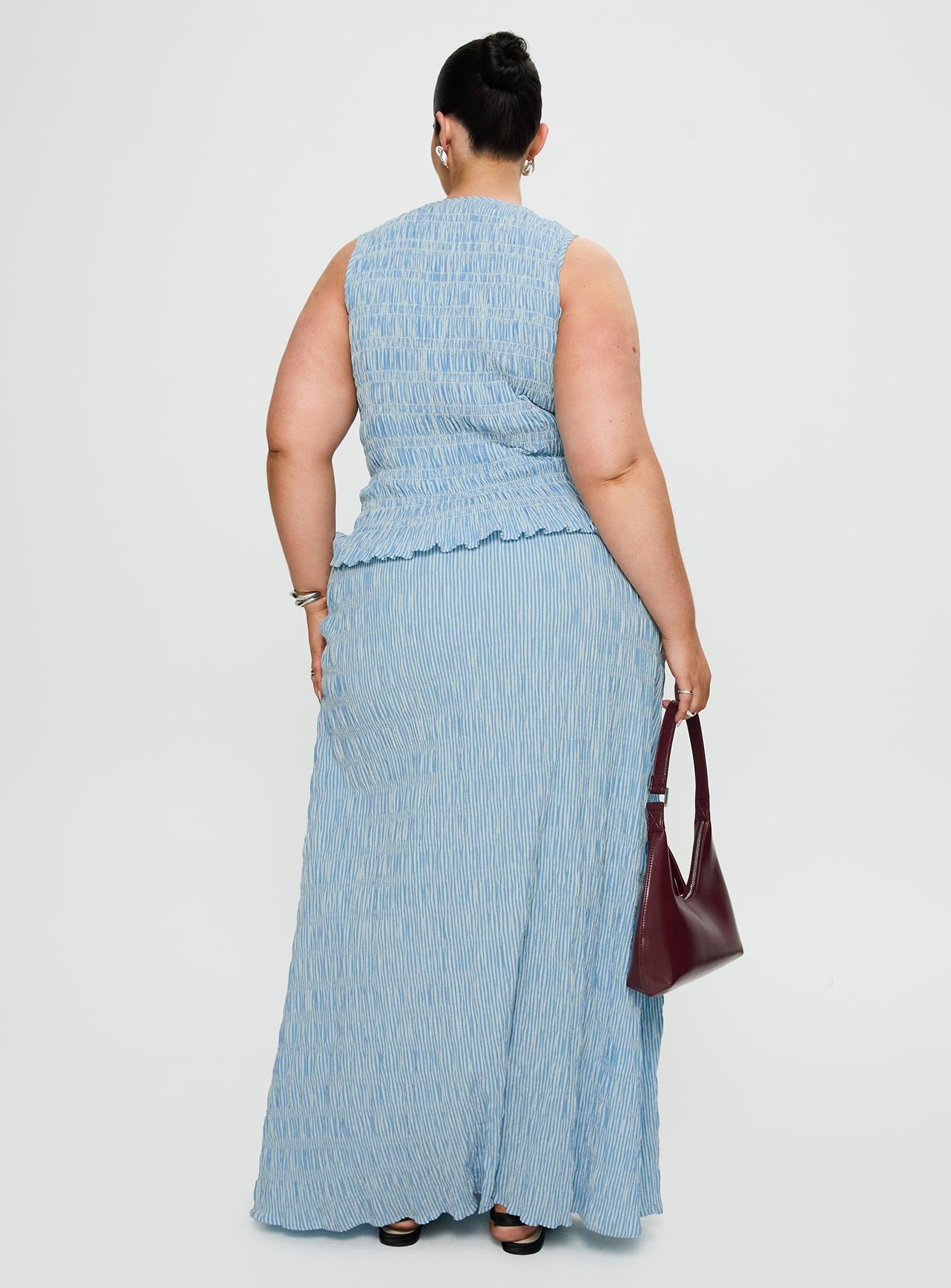 back view of model wearing Princess Polly Songbird Shirred Maxi Dress Blue Curve Crew Neck 