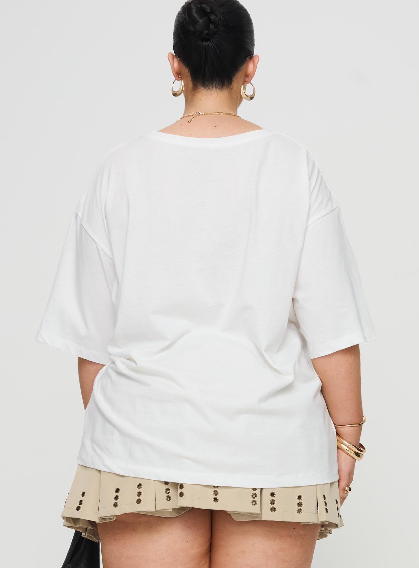 back view of model wearing Princess Polly Jamason Tee White Curve Half Sleeves Crew Neck 