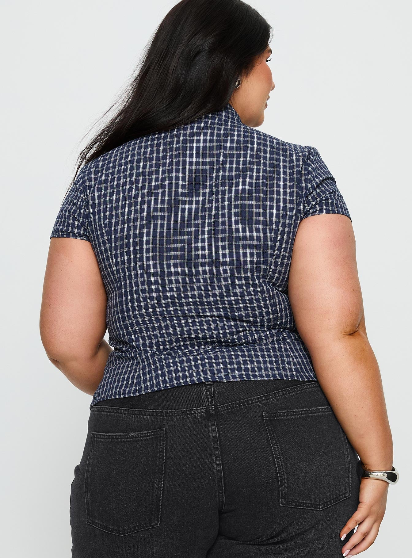 Cottesloe Blouse Top Navy Check Curve