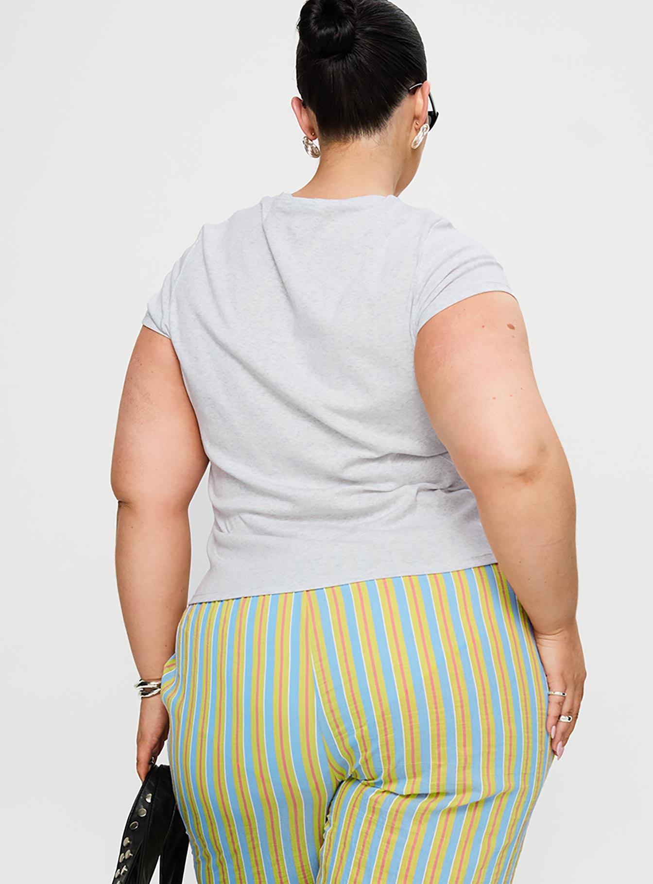 back view of model wearing Princess Polly Prestige Longline Baby Tee Grey Curve Sleeveless Crew Neck 