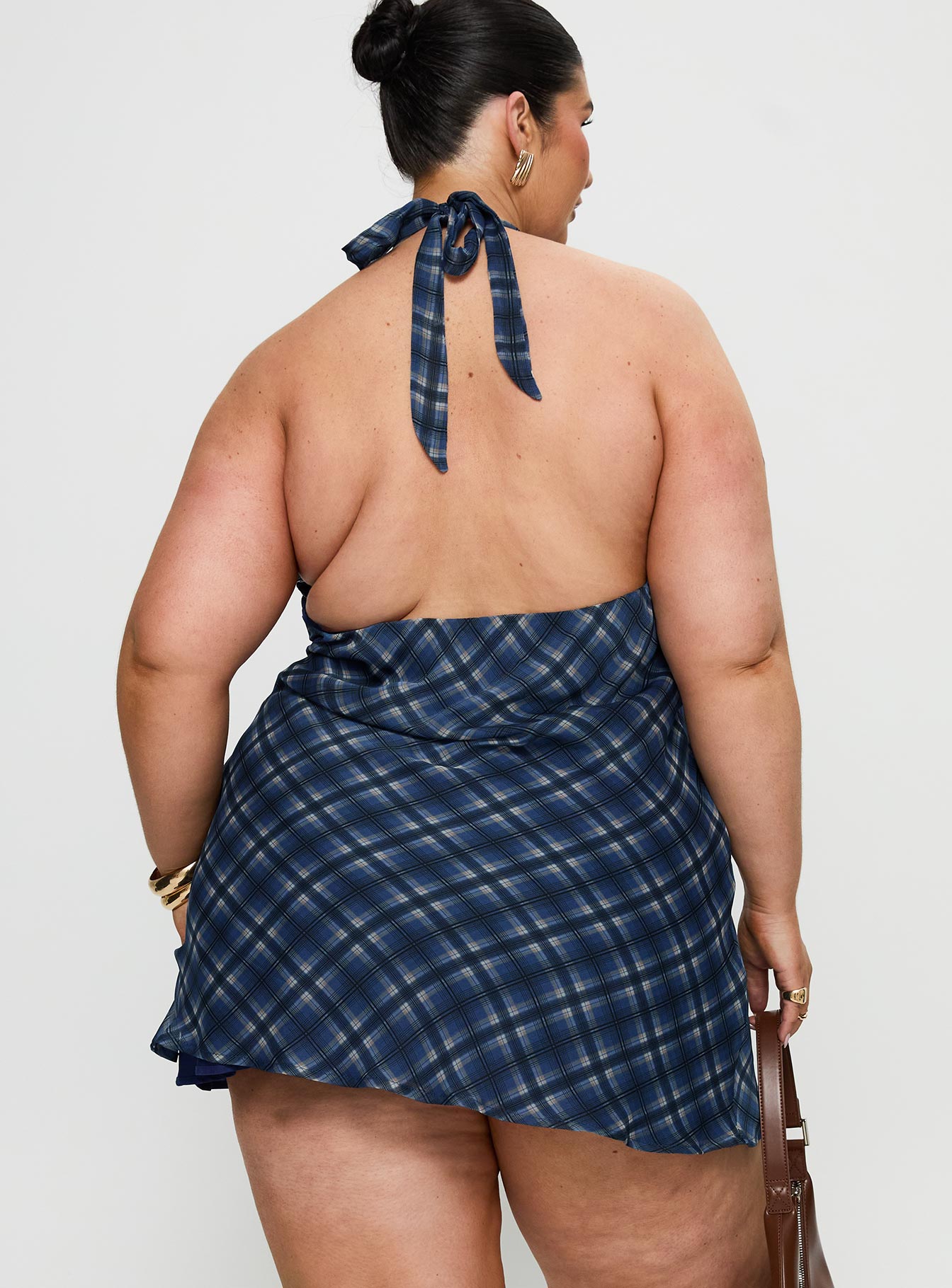 Laraline Halter Mini Dress Navy Check Curve