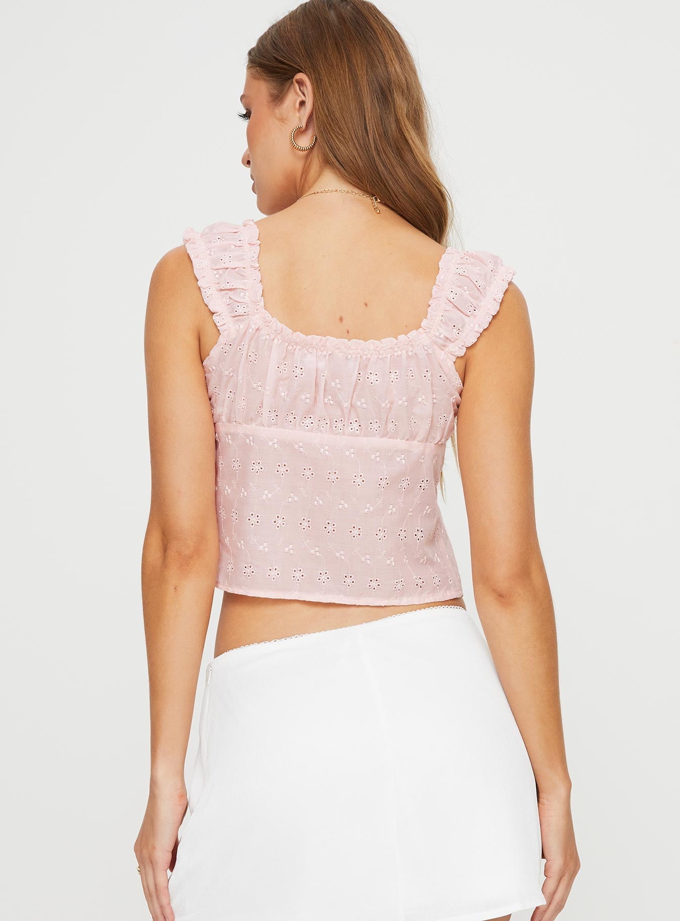 Crop top Slim fitting, broderie anglaise, fixed shoulder straps, split hem, tie fastening at front
