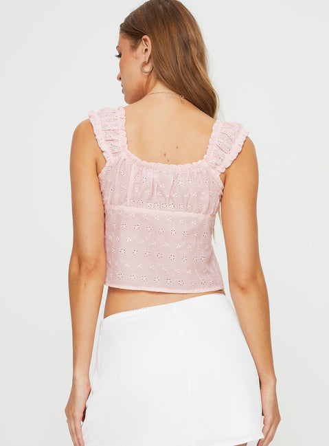 Crop top Slim fitting, broderie anglaise, fixed shoulder straps, split hem, tie fastening at front