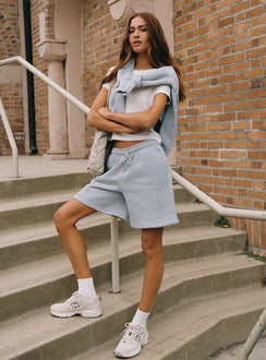 side view of model wearing Princess Polly Dream Fleece Longline Shorts Grey Marle High Waisted Shorts 
