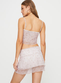 Matching two piece set, floral print on mesh material Crop top, adjustable shoulder straps, square neckline, layered hem Mini skirt, mid rise, layered hem Good stretch, fully lined 