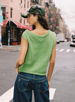 back view of model wearing Princess Polly Ashfield Off Shoulder Top Green Short Sleeves Asymmetric Neckline 